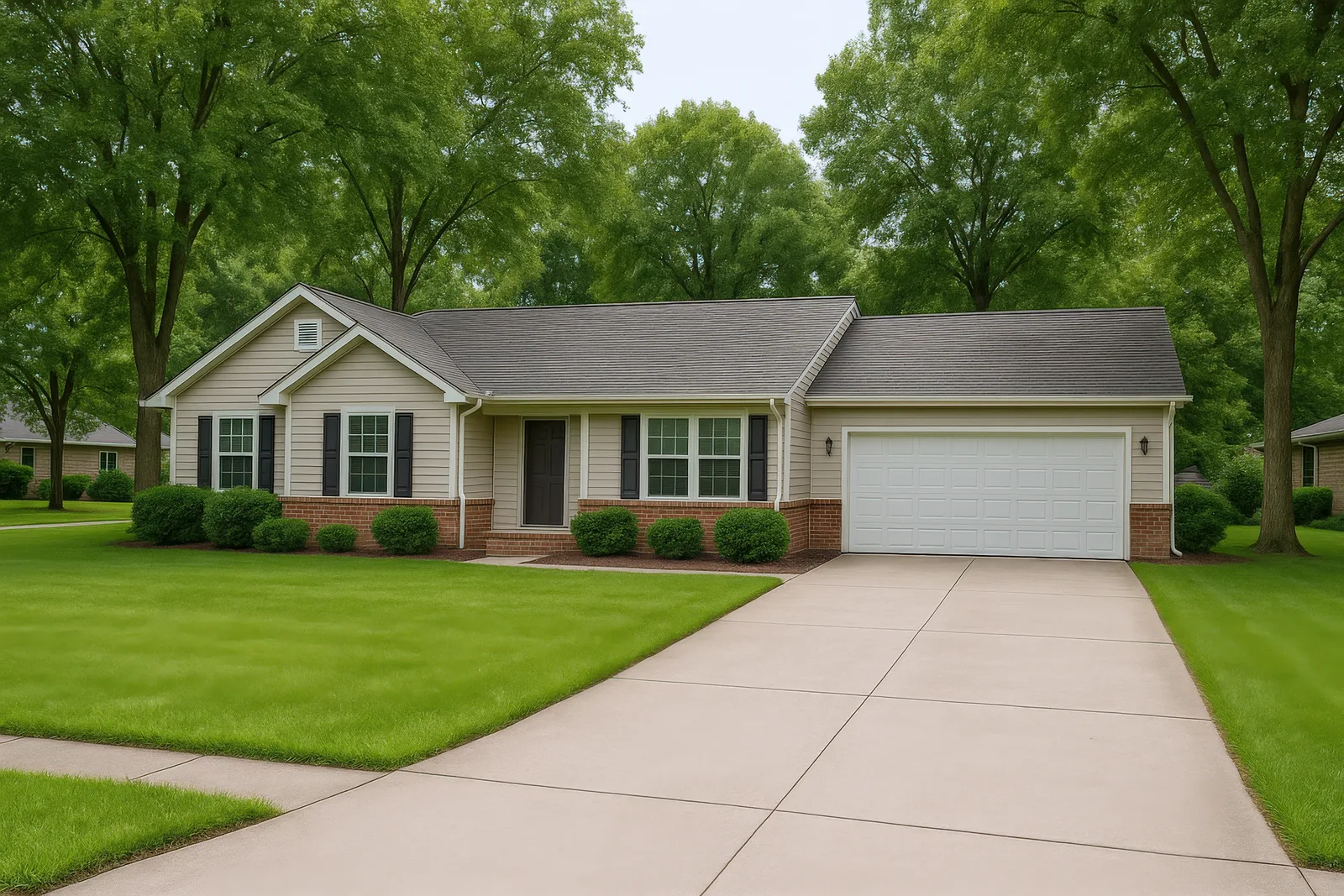 Beige ranch home with gray shingle roof and brick accents
