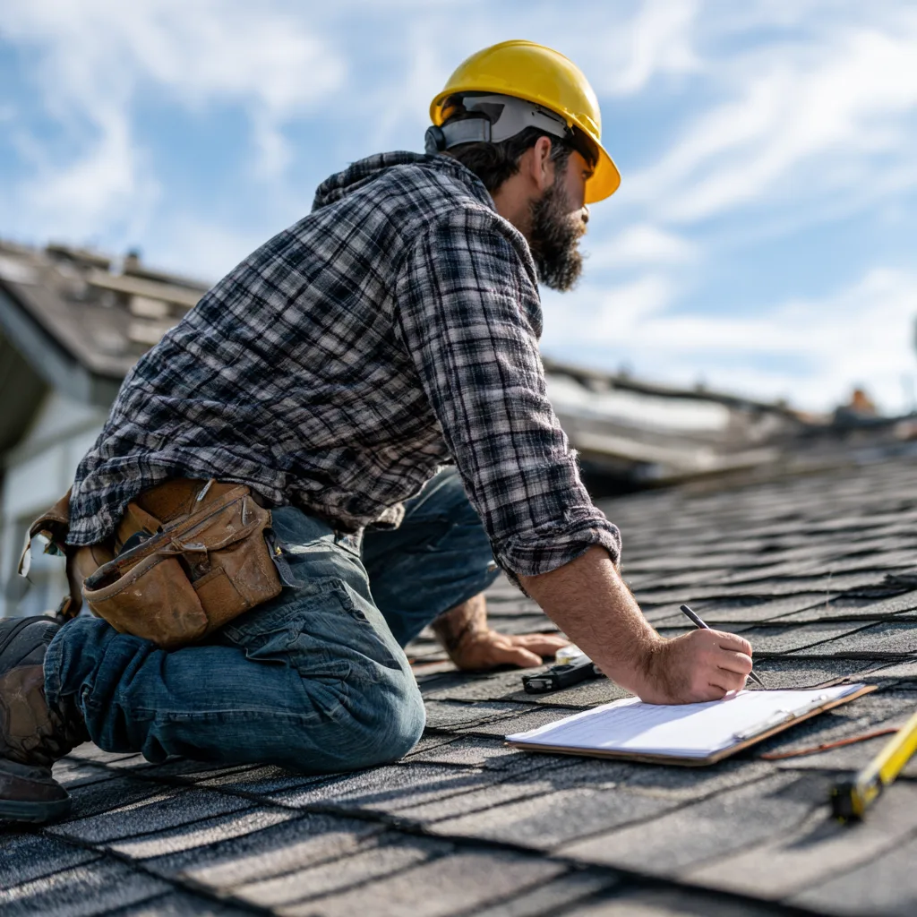 An inspector with a clipboard and tape measure checking a roof